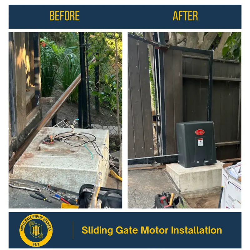 A before and after graphic showing a gate motor installation: the original mounting on the left and the completed operator in its enclosure on the right