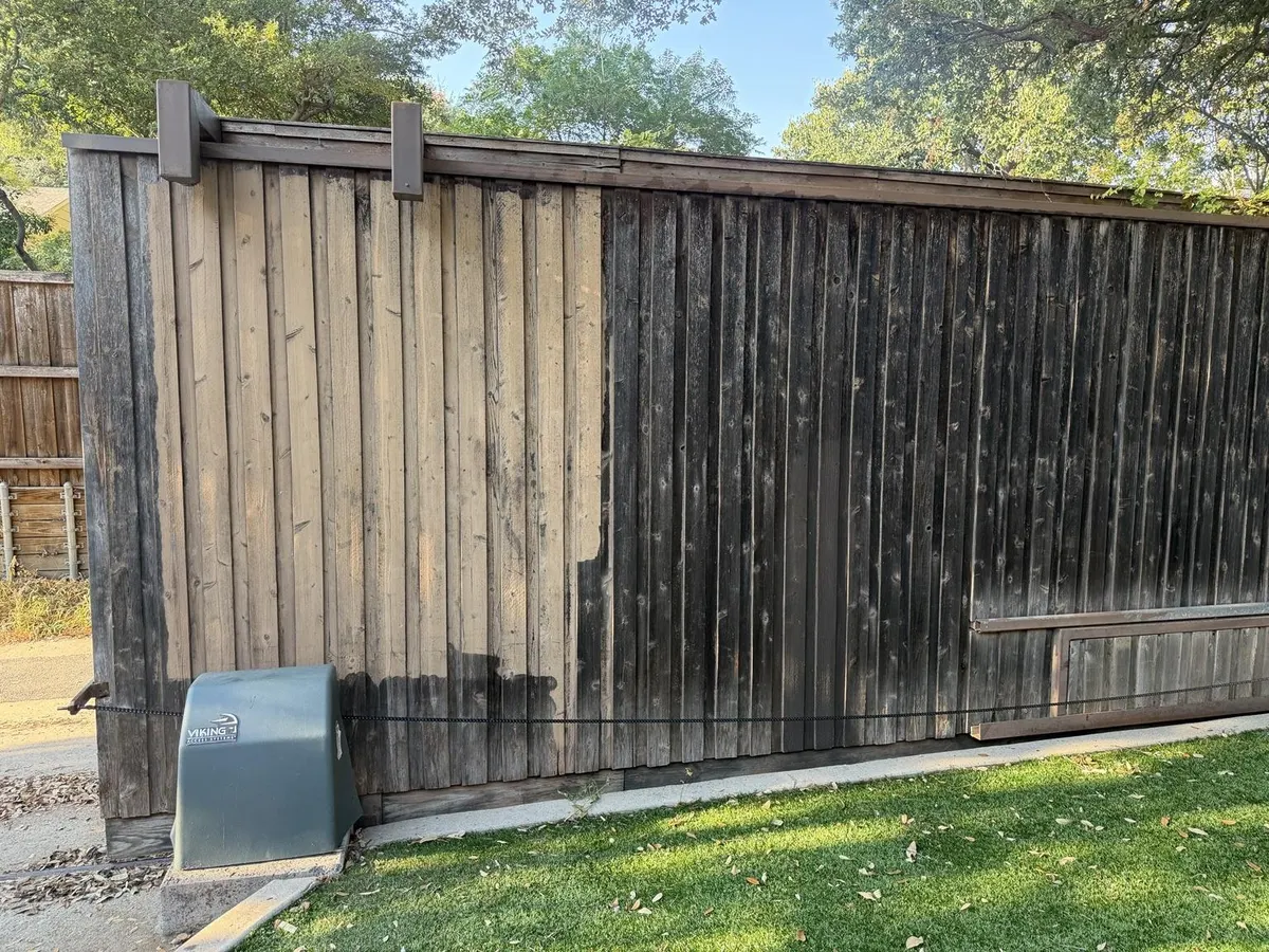 Completed service: refurbished Viking sliding gate opener operating on the gate.